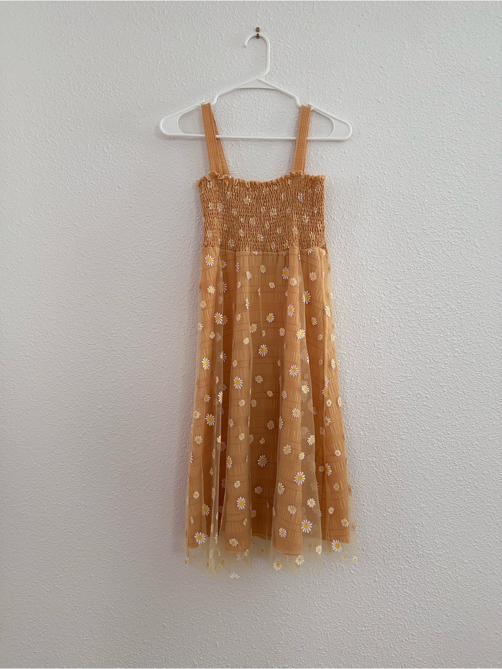yellow white daisy organza ruched smocked summer sundress